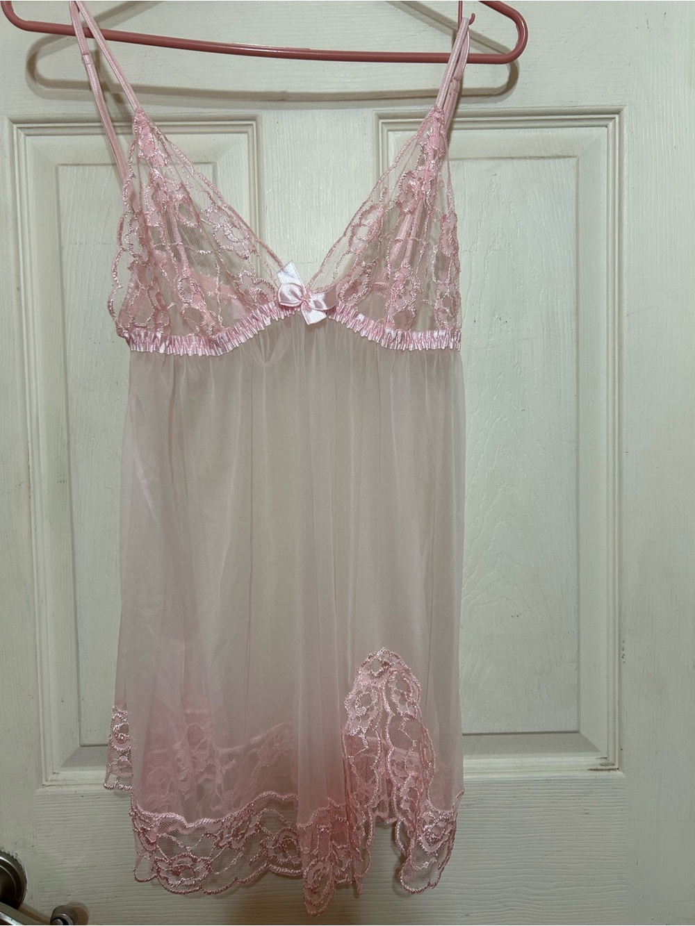 Vintage pink lace-trimmed babydoll lingerie Frederick’s size L